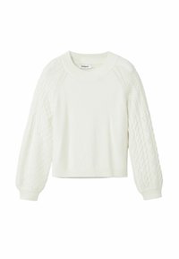 Maglione bianco lavorato a maglia con scollatura rotonda, caratterizzato da un texture a treccia sulle maniche e polsini e orlo a coste. Lunghezza cropped.