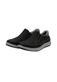 Black slip-on shoes made of soft suede, featuring gray accents, stitching details, and a flexible rubber sole for comfort.