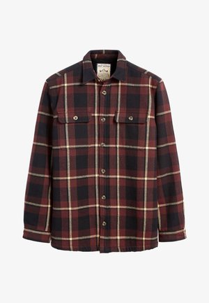 Camicia a quadri rossa e blu navy in morbido flanella, con chiusura frontale con bottoni, due tasche sul petto e colletto classico.