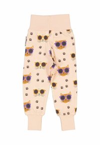 Ljus persikofärgade bomullsbukser med ett upprepat tryck av katter i solglasögon, accentuerade med svarta tassavtryck och ribbade ankelslut.