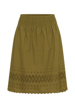 Põlveni ulatuv oliivroheline seelik kummi ja detailse avatud tööga ääres.