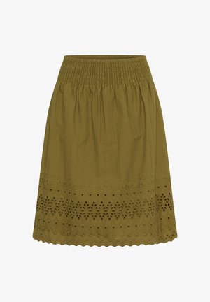 Gonna verde oliva alla lunghezza del ginocchio con vita arricciata a smock e ricamo traforato elaborato lungo l'orlo.