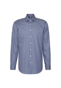 Langärmliges Button-Up-Hemd mit blau-weißem vertikal gestreiften Muster, Kragen und weißen Knöpfen, auf einem weißen Hintergrund präsentiert.