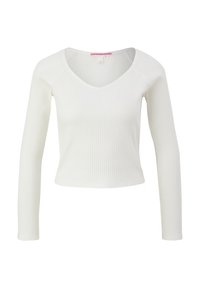 Geribbelde witte lange mouw top met een V-halslijn. Heeft een aansluitend ontwerp en textielstructuur. Maten aangegeven op een label aan de binnenkant.