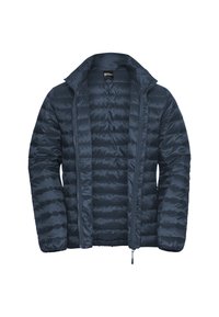 Veste matelassée navy avec fermeture éclair à l'avant, col montant et couture horizontale. Texture extérieure lisse, design léger et compact.
