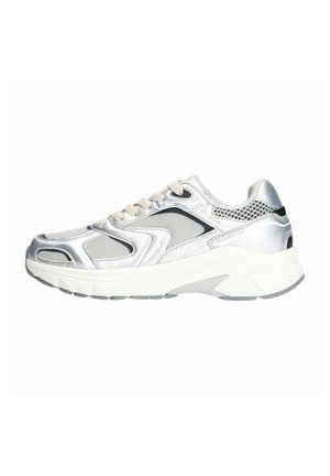 Silver athletic sneaker with mesh and synthetic overlay, thick white sole, and beige laces. Features textured panels and contrasting accents.