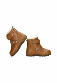 Stivali in pelle marrone per l'inverno con fodera in morbida pelliccia sintetica bianca, due cinturini adesivi regolabili in Velcro e suole in gomma testurizzata.