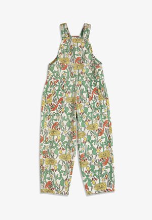 Dziecięce bezrękawne ogrodniczki na szerokich ramiączkach z kolorowym kwiatowym wzorem w odcieniach zieleni, żółci, pomarańczu i bieli.