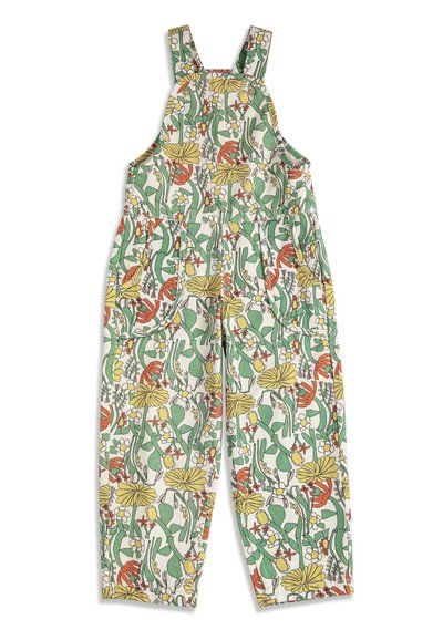 Salopette sans manches pour enfants avec de larges bretelles, présentant un motif floral coloré aux tons verts, jaunes, orange et blancs.