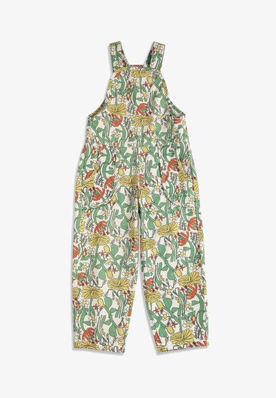 Salopette sans manches pour enfants avec de larges bretelles, présentant un motif floral coloré aux tons verts, jaunes, orange et blancs.