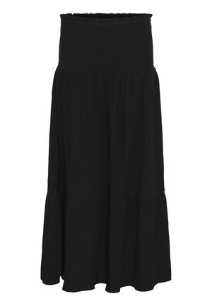 Czarna spódnica warstwowa z marszczonym pasem, wykonana z lekkiego materiału, o zwiewnym kroju i subtelnej teksturze.