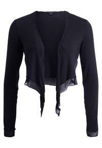 Cardigan noir à manches longues, ouvert devant, raccourci, avec ourlet asymétrique transparent et tissu léger.