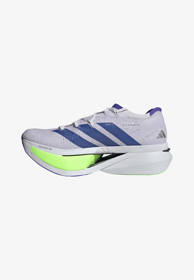 Light gray running shoe with blue stripes, neon green midsole cushioning, and elevated white heel support.