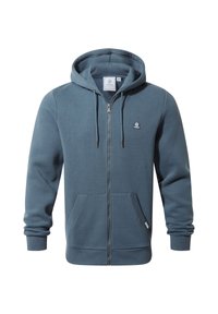 Blue zip-up hoodie made of soft fabric, featuring a kangaroo pocket, adjustable drawstrings, and a small logo on the chest.