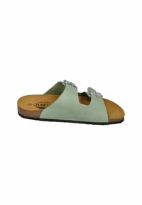 Green leather slide sandal with two adjustable silver buckles, cork footbed, black rubber sole, and textured upper. Size 38.
