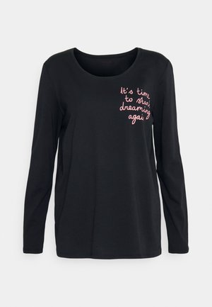 Schwarzes Langarm-T-Shirt aus weichem Stoff, mit rundem Ausschnitt und pinkem Drucktext auf der oberen linken Seite mit der Aufschrift: „Es ist Zeit, wieder zu träumen.“