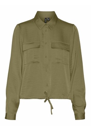 Olijfgroene, langemouw shirt gemaakt van gladde stof, met een knoopsluiting aan de voorkant, twee borstzakken en een strikdetail in de taille.