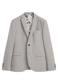 Blazer grigio con rever a incavo, chiusura con un bottone marrone, due tasche frontali e fodera interna a motivo floreale. Tessuto con finitura strutturata.