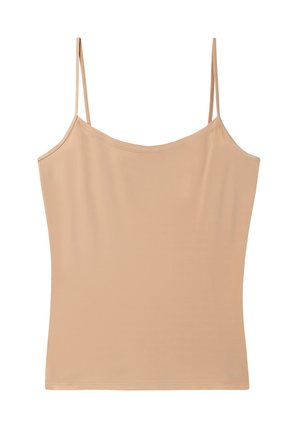 Beige sleeveless camisole with thin straps, made of smooth, stretchy fabric, featuring a simple, minimalist design and a straight hemline.