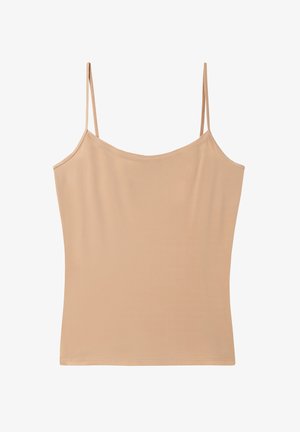 Beżowa, bezrękawnikowa koszulka na cienkich ramiączkach, wykonana z gładkiego, elastycznego materiału, z prostym, minimalistycznym wzornictwem i prostym bokiem.