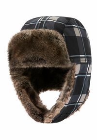 Czarna czapka ushanka w kratę z podszyciem z futerka syntetycznego. Posiada zaokrąglony kształt i nauszniki, zapewniając ciepło i wygodę w zimne dni.