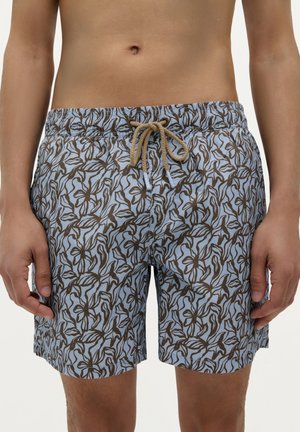 Maillots de bain en tissu bleu clair avec un motif floral brun ; taille élastique avec un cordon de serrage marron ; longueur mi-cuisse.