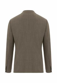 Brauner Blazer mit strukturiertem Gewebe, mit einer einzelnen Belüftung hinten und geknöpften Manschetten. Maßgeschneiderte Passform mit einem glatten, eleganten Erscheinungsbild.