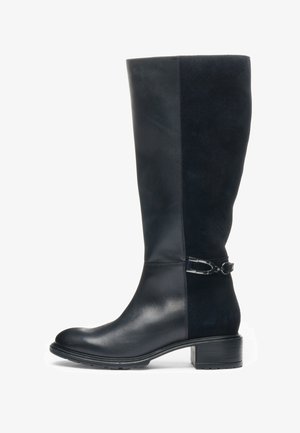 Black knee-high boot with smooth leather front, suede back, low block heel, and decorative metal buckle strap above the ankle.
