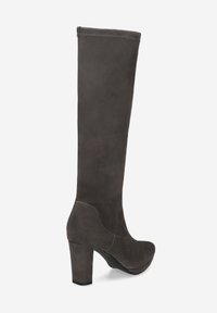 Tall dark gray suede women's boot with chunky high heel and slightly rounded toe, shown from side on white background.