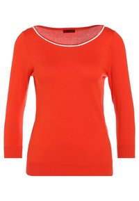 Pull rouge à manches longues avec encolure ronde et bordure contrastante blanche. Poignets et ourlet côtelés, fabriqué en tissu doux et extensible.