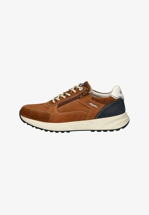 Braune Wildleder-Sneaker mit einer weißen Gummisohle, einem Reißverschluss auf einer Seite, beigen Schnürsenkeln und strukturierten dunkelblauen Akzenten an der Ferse.