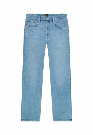 Hellblaue Jeans mit geradem Bein, fünf Taschen, Gürtelschlaufen, Knopfverschluss und Lee-Markenetikett am Bund.