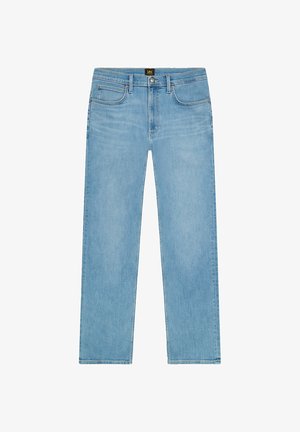 Lichtblauwe jeans met rechte pijpen, vijf zakken, riemlussen, knoopsluiting en Lee-merklabel op de tailleband.