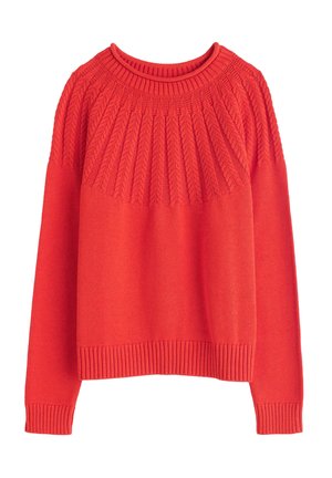 Červený pletený svetr s žebrovaným kulatým výstřihem a vzorovanou texturovanou náprsní částí. Dlouhé rukávy se žebrovanými manžetami a lemem.