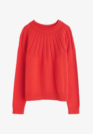 Červený pletený svetr s žebrovaným kulatým výstřihem a vzorovanou texturovanou náprsní částí. Dlouhé rukávy se žebrovanými manžetami a lemem.
