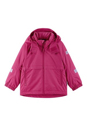 Rosa wasserdichte Jacke mit Kapuze, Frontreißverschluss, elastischen Bündchen und reflektierenden Akzenten. Verfügt über zwei seitliche Reißverschlusstaschen.