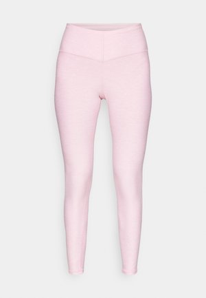 Lyserøde leggings lavet af blødt, strækbart stof. Har en høj talje og en tætsiddende pasform, med en glat overflade og uden synlige mønstre.