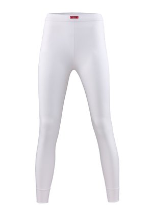 Witte leggings met een gladde textuur, een aansluitende pasvorm en een elastische tailleband. Beschikt over een klein rood label op de tailleband.