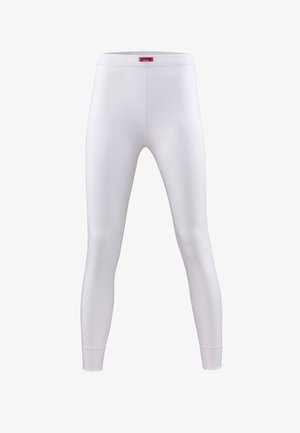 Witte leggings met een gladde textuur, een aansluitende pasvorm en een elastische tailleband. Beschikt over een klein rood label op de tailleband.