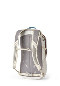 Lightweight backpack with a gray mesh back panel, adjustable straps, and a cream body featuring colorful accent zippers and hardware.