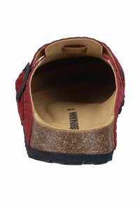 Red suede sandal with a cork sole and black strap. Interior features a light tan footbed with size indicator printed.