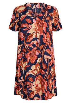 Marineblå kortærmet kjole med stort orange, creme og pink blomsterprint samt V-udskæring.
