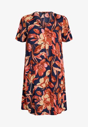 Vestido azul marino de manga corta con un gran estampado floral en naranja, crema y rosa, y escote en V.