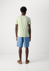 Lysegrønn t-skjorte med korte ermer, denimshorts og brune sandaler. T-skjorten har rund hals, shortsene er knelengde med baklommer.