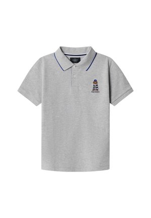 Grijs poloshirt van katoen, met een blauwe accentbies op de kraag en een geborduurd berenmotief op de borst.