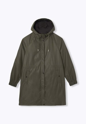 Veste imperméable vert olive avec capuche, poignets élastiques, poches avant, fermeture à cordon et texture lisse.