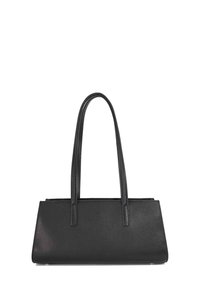 Black leather tote bag with two long handles, rectangular shape, smooth texture, and minimalistic design; no visible hardware or patterns.