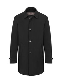 Schwarzer Mantel aus strukturiertem Stoff, mit einem klassischen Kragen, fünf Knöpfen, zwei seitlichen Taschen und verstellbaren, geknöpften Manschetten.