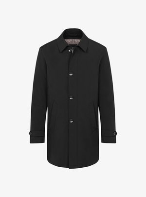 Schwarzer Mantel aus strukturiertem Stoff, mit einem klassischen Kragen, fünf Knöpfen, zwei seitlichen Taschen und verstellbaren, geknöpften Manschetten.