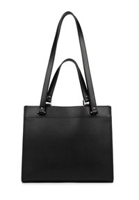 Sac fourre-tout noir en cuir texturé avec deux longues poignées, de forme rectangulaire élégante et des accents en métal près du haut.